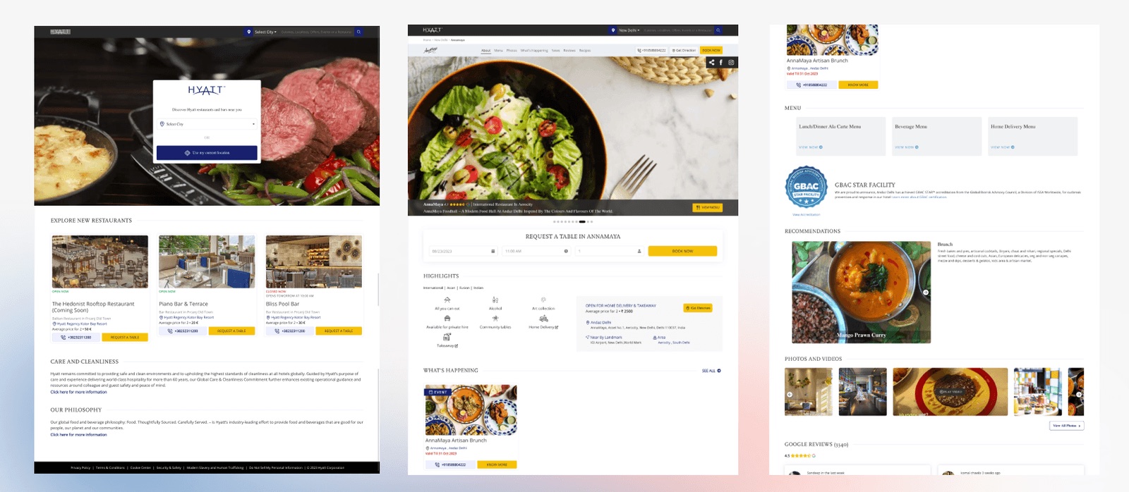 The legacy Hyatt restaurants website, with dated dark screens and inconsistent patterns