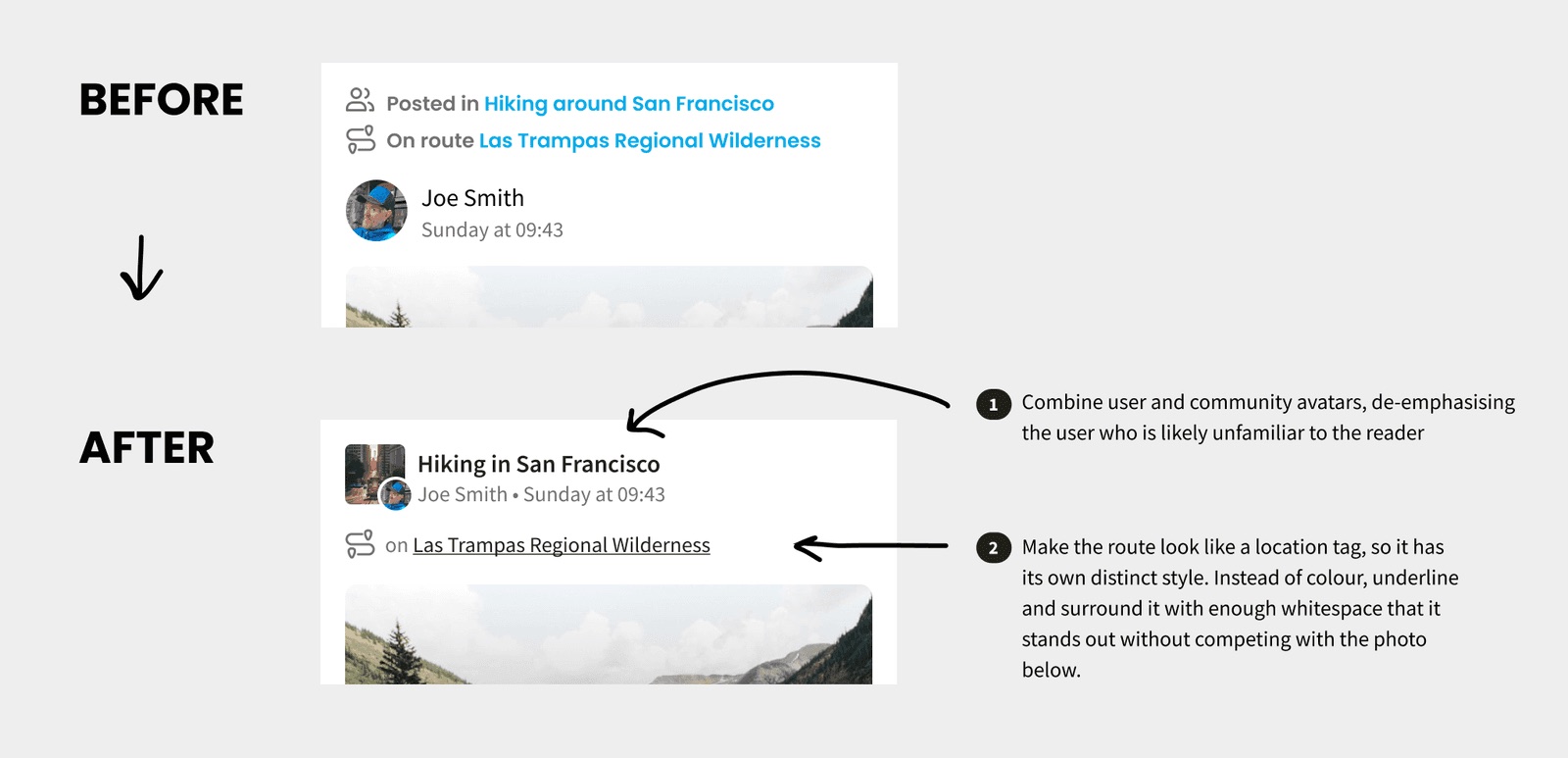 Annotated before and after of the community post redesign, combining user and group avatars
