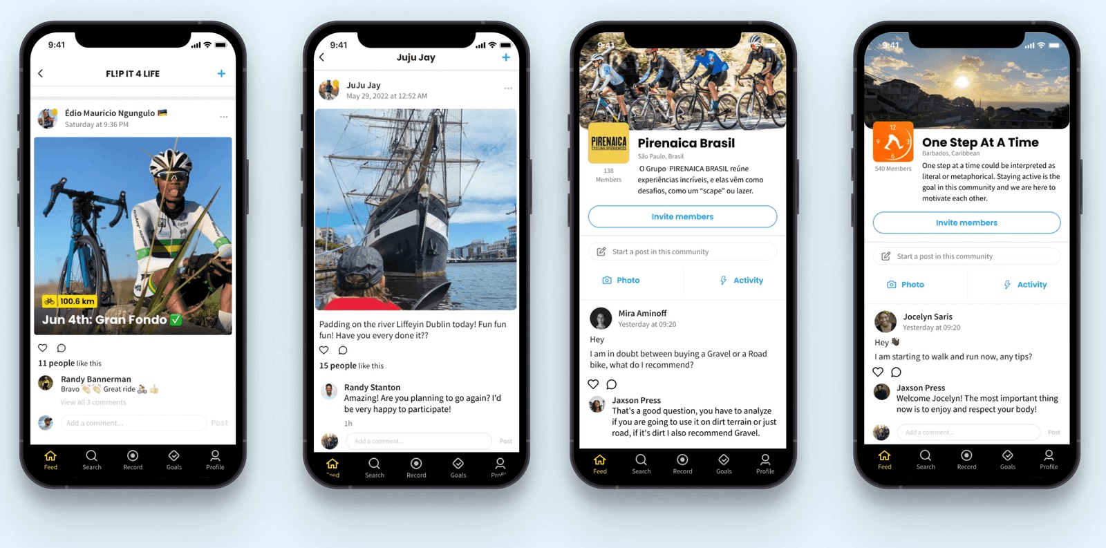 Four screens of the shipped Communities feature: feed, posts, and community pages