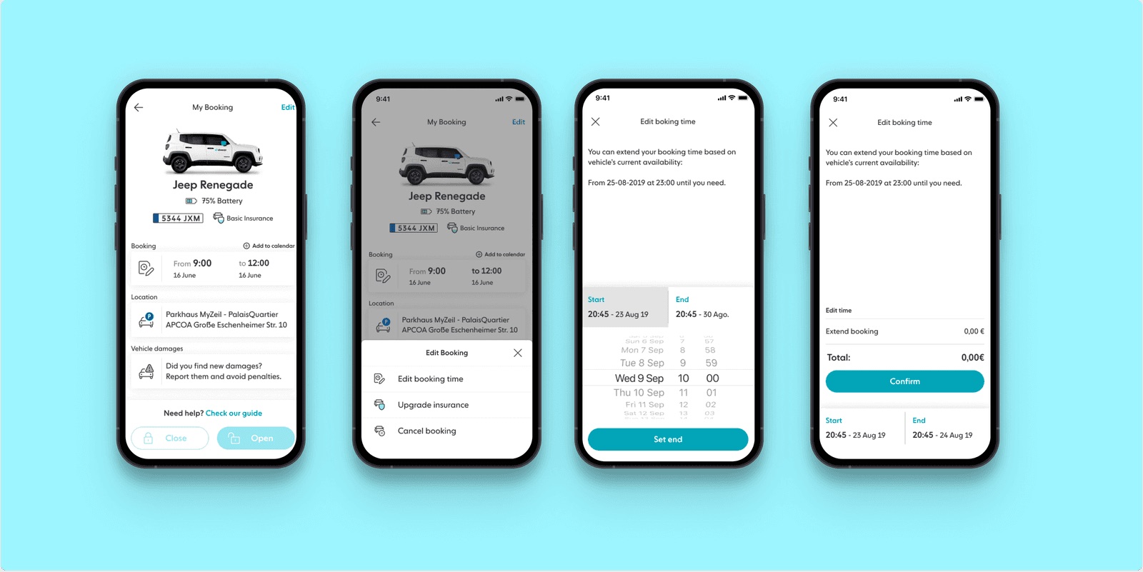 Ubeeqo booking management screens: viewing, editing, and extending a booking