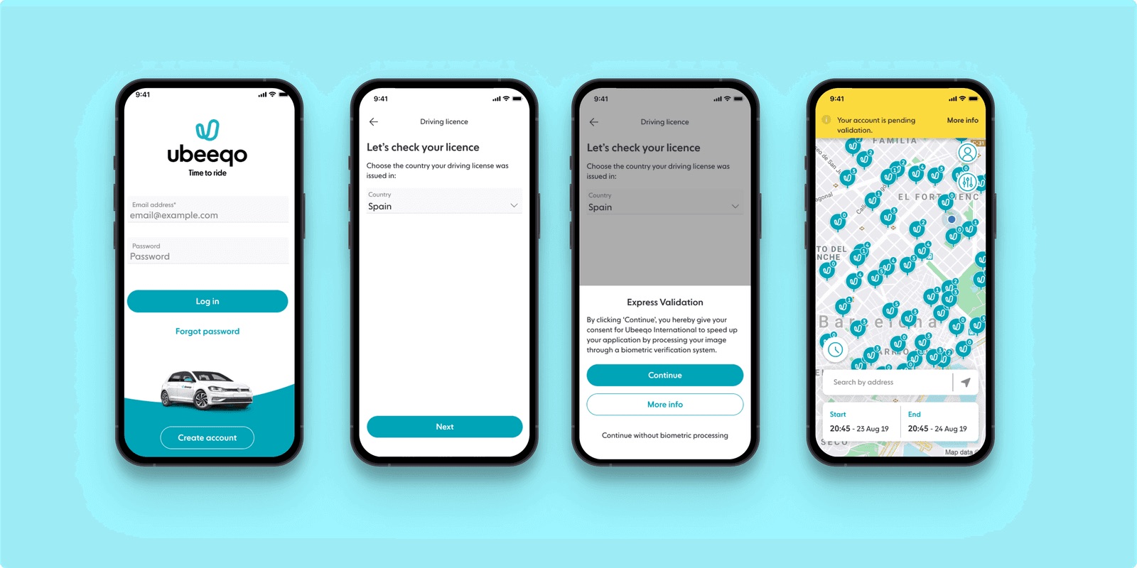 Ubeeqo onboarding screens: login, driving licence validation, and the vehicle map
