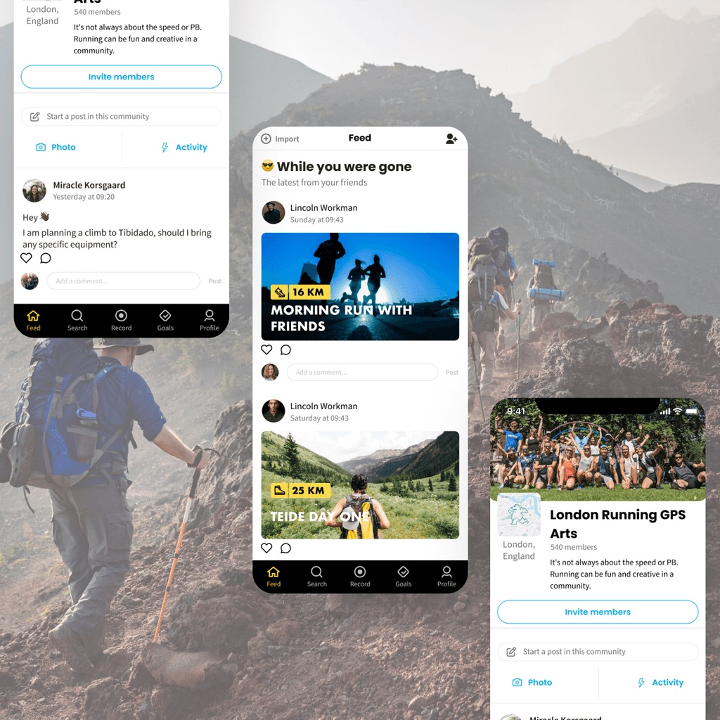 Relive Communities screens over a hiking scene