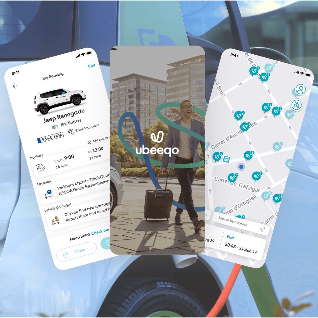 Ubeeqo app screens with booking and map views