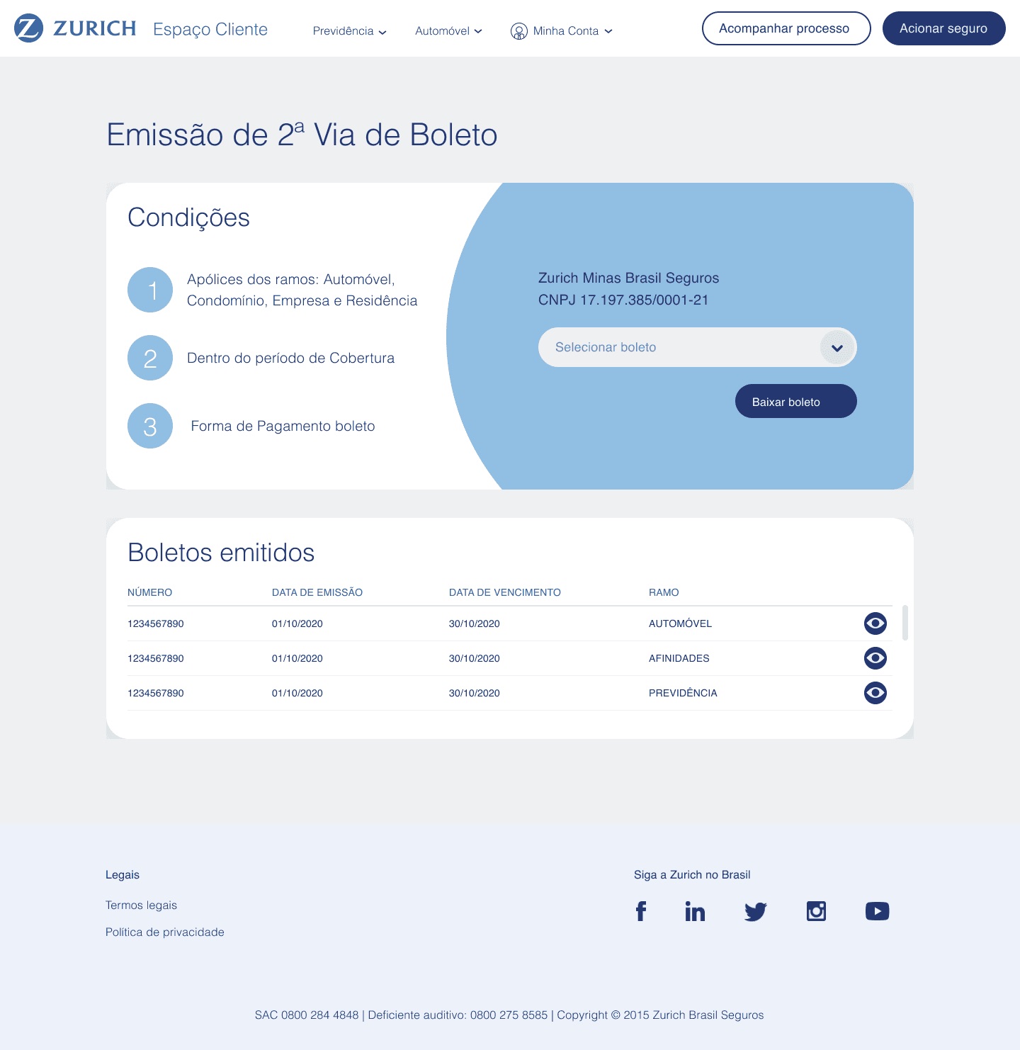 Self-serve boleto reissue flow with clear conditions and history