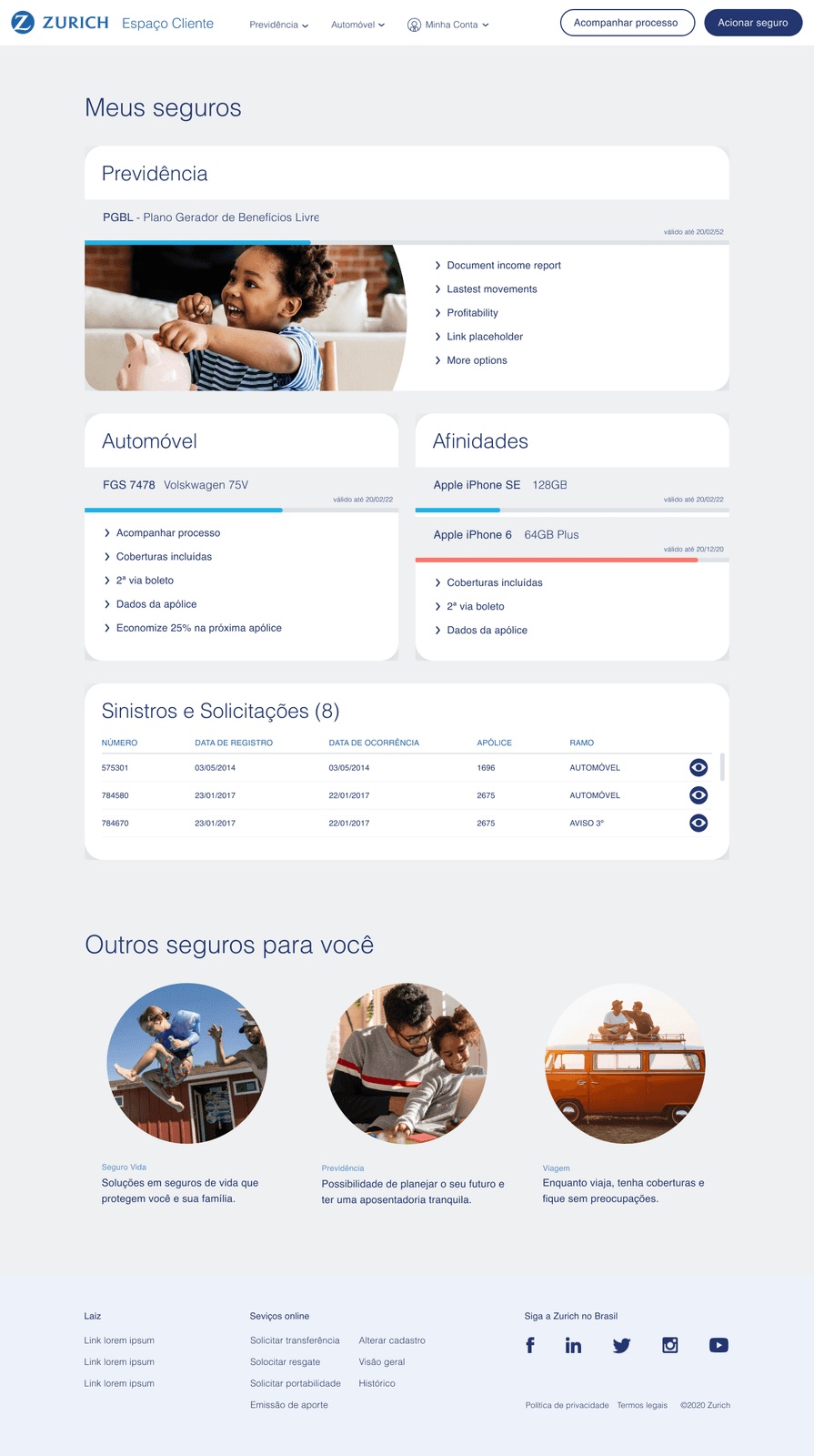 Meus seguros: all policies, claims, and requests centralized in the portal