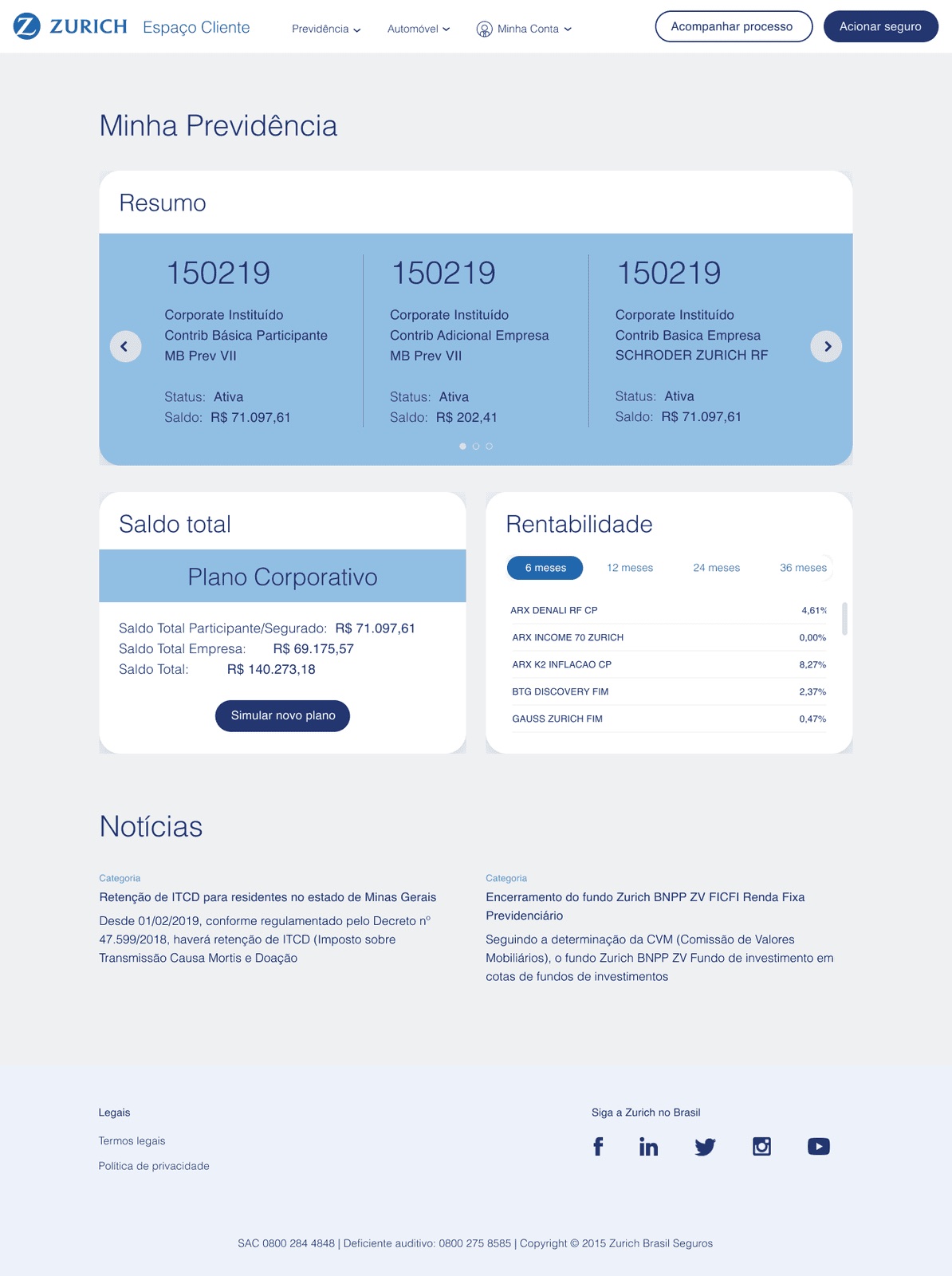 Pension dashboard with balances and fund performance